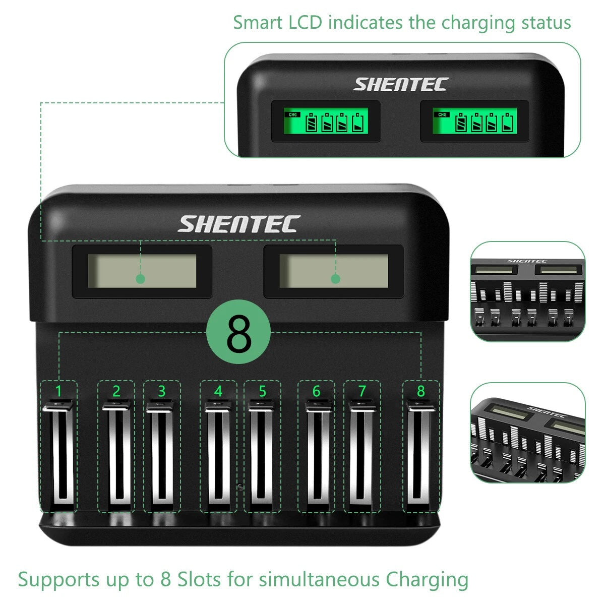 SHENTEC 8-sleuven 9V slimme oplader voor oplaadbare AA AAA C D Ni-MH batterijen