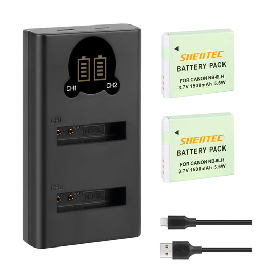SHENTEC 2x NB-6LH NB-6L batterij+lader voor Canon PowerShot SX530 SX540 SX280 HS D10 D30