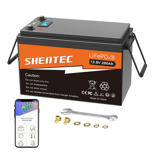 SHENTEC LiFePO4 200Ah 12V lithiumbatterij met BMS, LED-display en drukknopschakelaar
