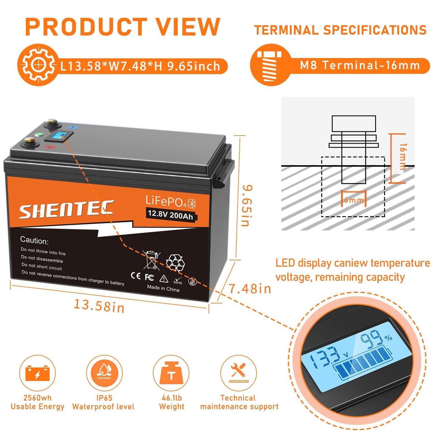 SHENTEC LiFePO4 200Ah 12V lithiumbatterij met BMS, LED-display en drukknopschakelaar