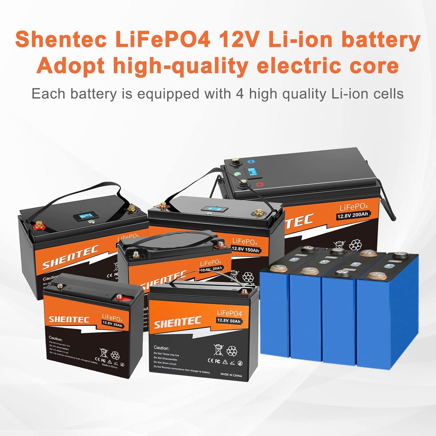 SHENTEC LiFePO4 200Ah 12V lithiumbatterij met BMS, LED-display en drukknopschakelaar