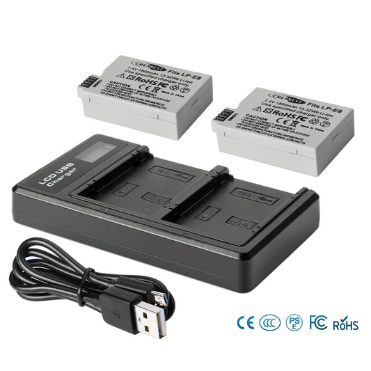 SHENTEC 2x LP-E8 Accu + Dubbele Oplader voor Canon EOS 550D 600D 650D 700D Kiss T2i X4 X5