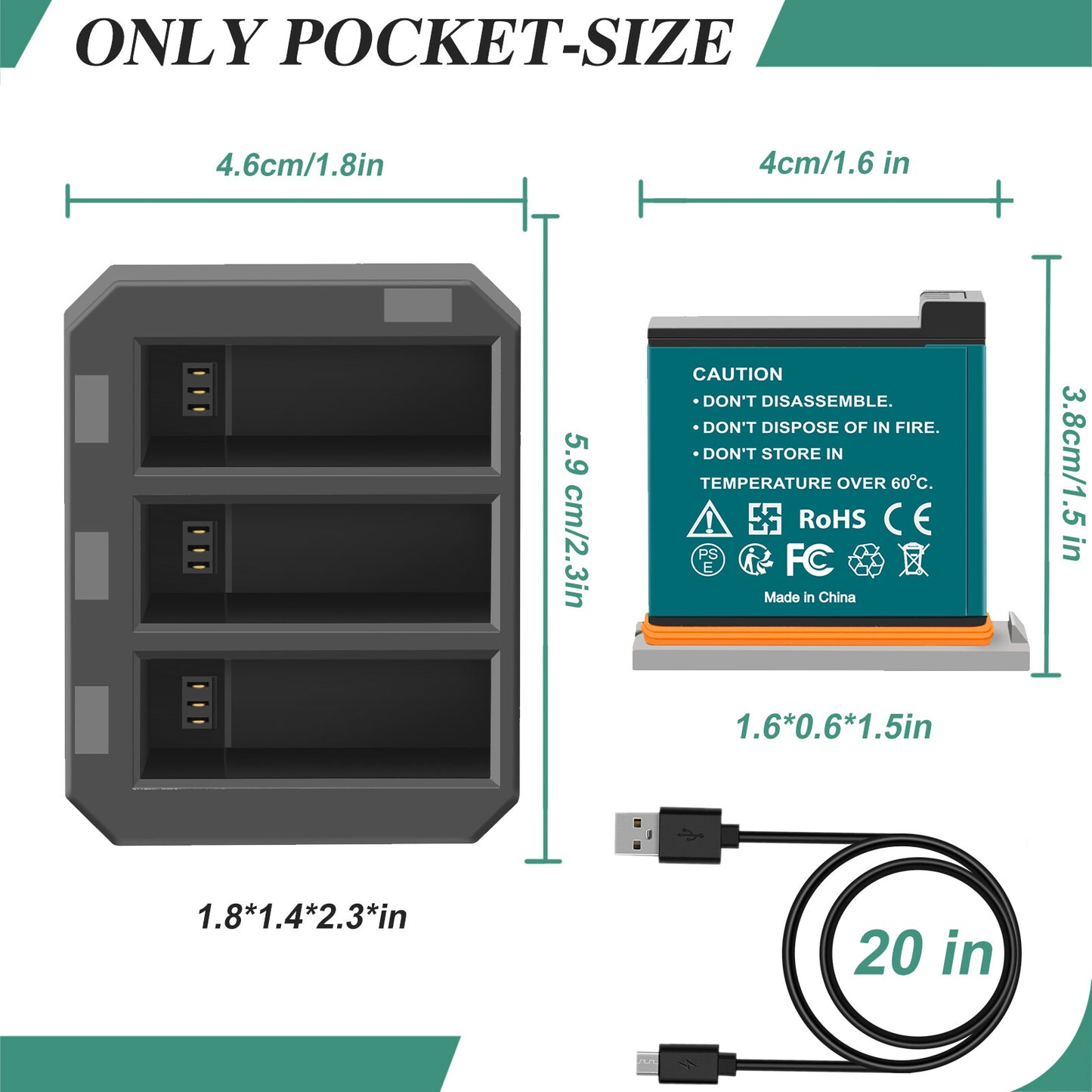 3x 1350mAh Batterij + 3-Kanaals Snelader USB voor DJI Osmo AB1 P01 PT1 Action