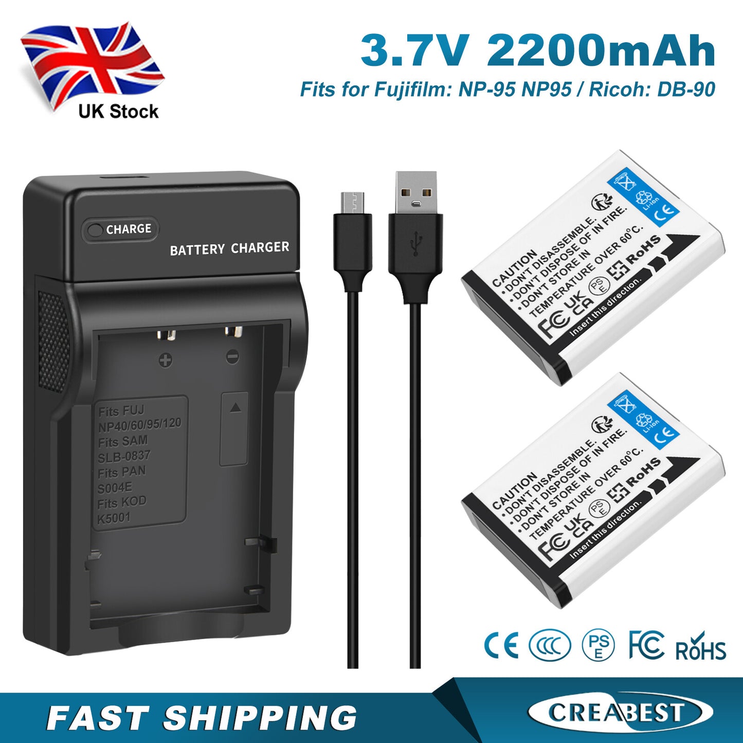 2x NP-95 NP95 3.7V Accu+Lader voor Fujifilm Finepix F30 F31 F31fd X100 X100s