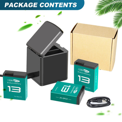 3x JH-GP13 Enduro-accu + 3-kanaals oplader, opbergdoos voor GoPro Hero 13