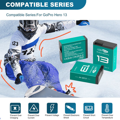 3x JH-GP13 Enduro-accu + 3-kanaals oplader, opbergdoos voor GoPro Hero 13