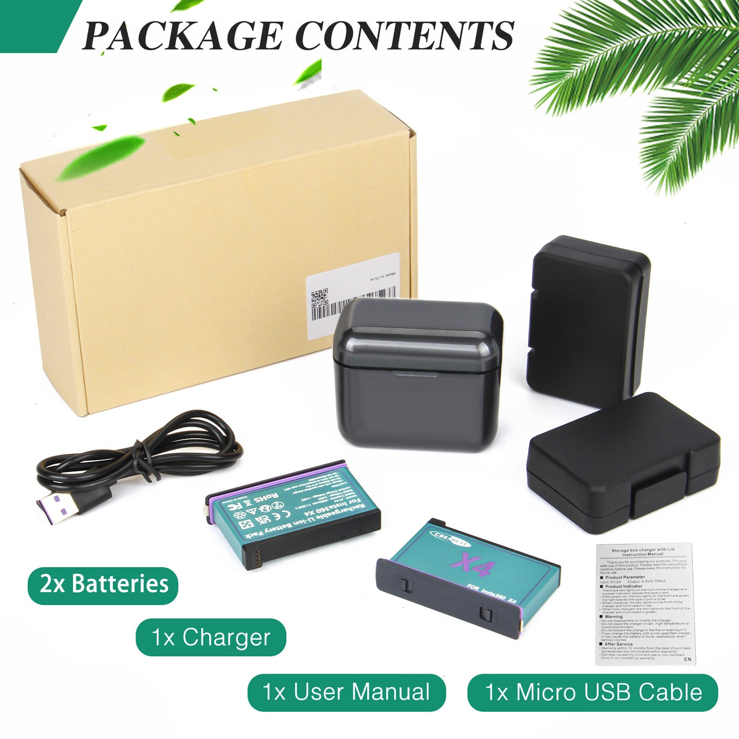 2x 3.0Ah 3.85V JH-X4 vervangende batterij + Power Box-oplader voor Insta360 X4 actioncamera
