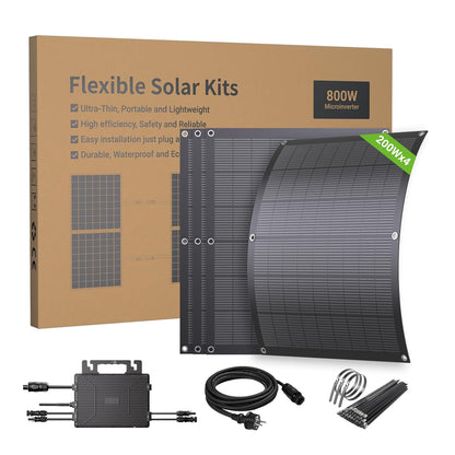 Balcony Power Station 800W flexibele zonnekit met 4 x 200 W flexibele zonnepanelen en omvormer 800 W, plug-and-play met 5 m AC-kabel