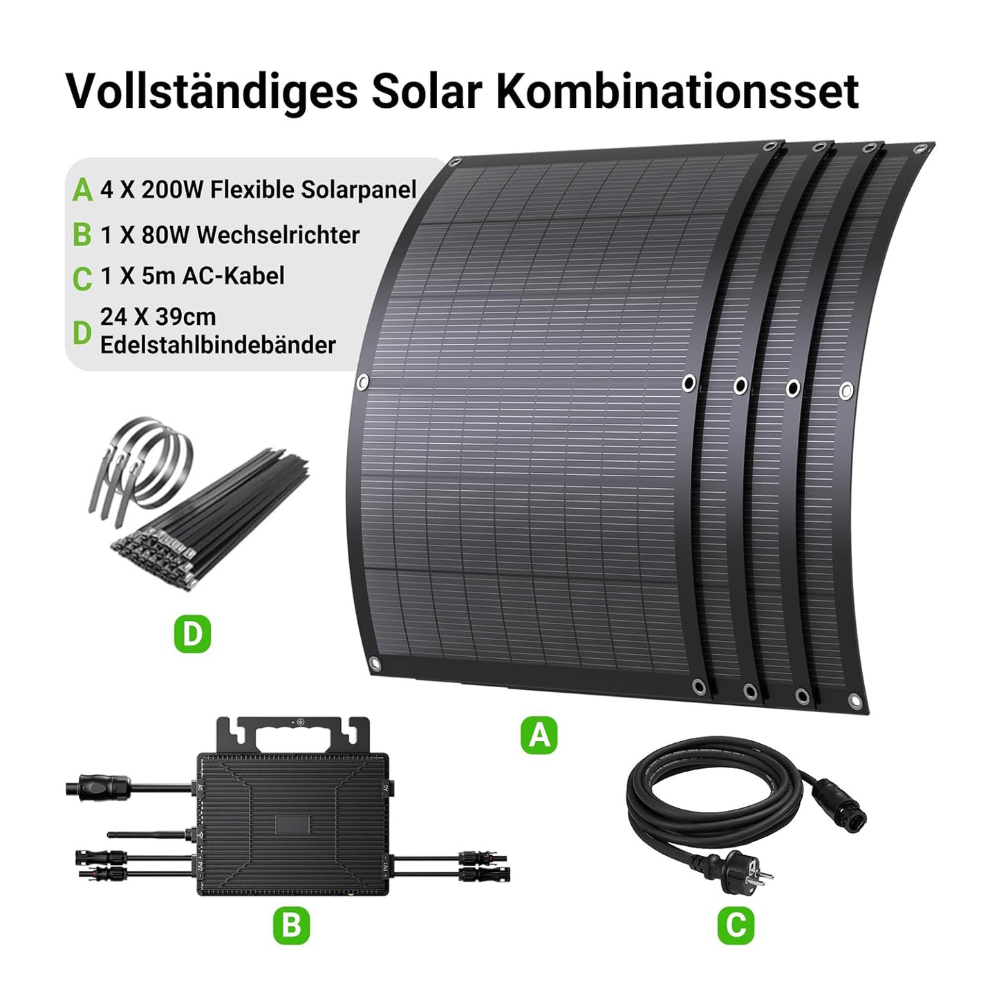 Balcony Power Station 800W flexibele zonnekit met 4 x 200 W flexibele zonnepanelen en omvormer 800 W, plug-and-play met 5 m AC-kabel