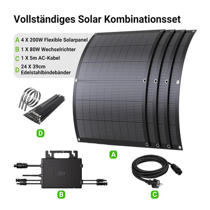 Balcony Power Station 800W flexibele zonnekit met 4 x 200 W flexibele zonnepanelen en omvormer 800 W, plug-and-play met 5 m AC-kabel