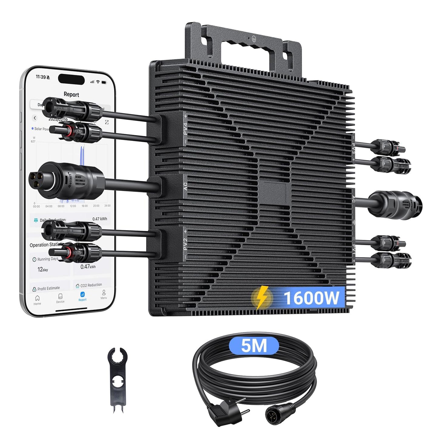 Micro-omvormer 1600W, Balkon-energiecentrale met wifi, Plug & Play, App-bediening, 5 m AC-kabel, PV-omvormer