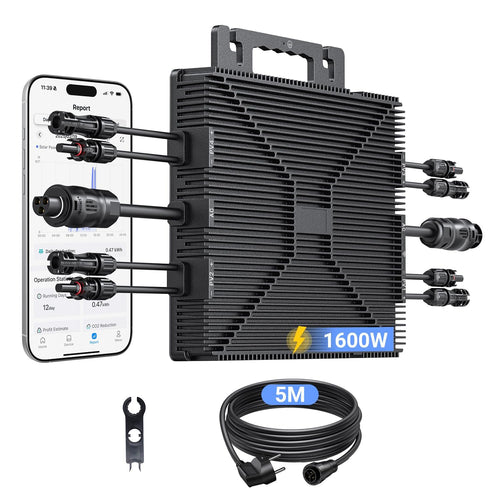 Micro-omvormer 1600W, Balkon-energiecentrale met wifi, Plug & Play, App-bediening, 5 m AC-kabel, PV-omvormer