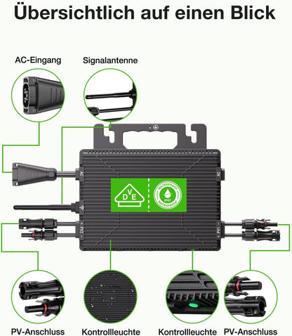 Micro-omvormer 800W, omvormer voor balkoncentrale met WiFi, Plug & Play, appbediening, 5 m AC-kabel, PV-omvormer