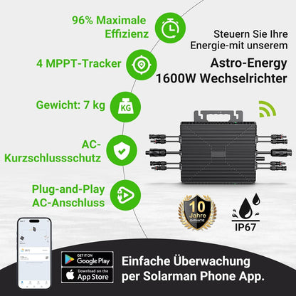 Micro-omvormer 1600W, Balkon-energiecentrale met wifi, Plug & Play, App-bediening, 5 m AC-kabel, PV-omvormer