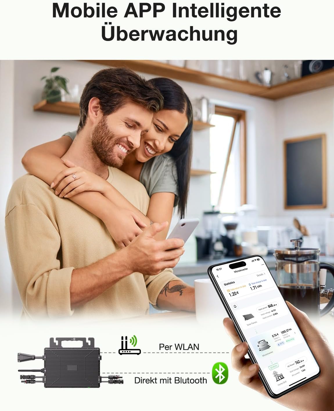 Micro-omvormer 800W, omvormer voor balkoncentrale met WiFi, Plug & Play, appbediening, 5 m AC-kabel, PV-omvormer