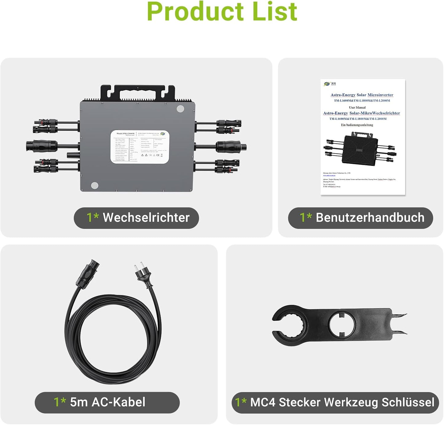 Micro-omvormer 1600W, Balkon-energiecentrale met wifi, Plug & Play, App-bediening, 5 m AC-kabel, PV-omvormer