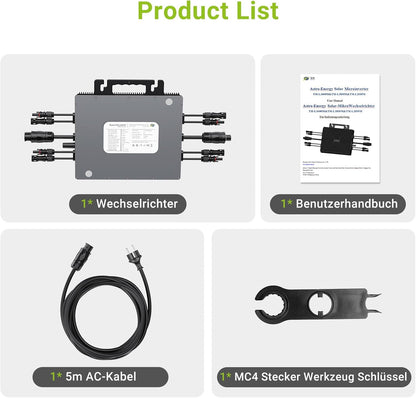 Micro-omvormer 1600W, Balkon-energiecentrale met wifi, Plug & Play, App-bediening, 5 m AC-kabel, PV-omvormer