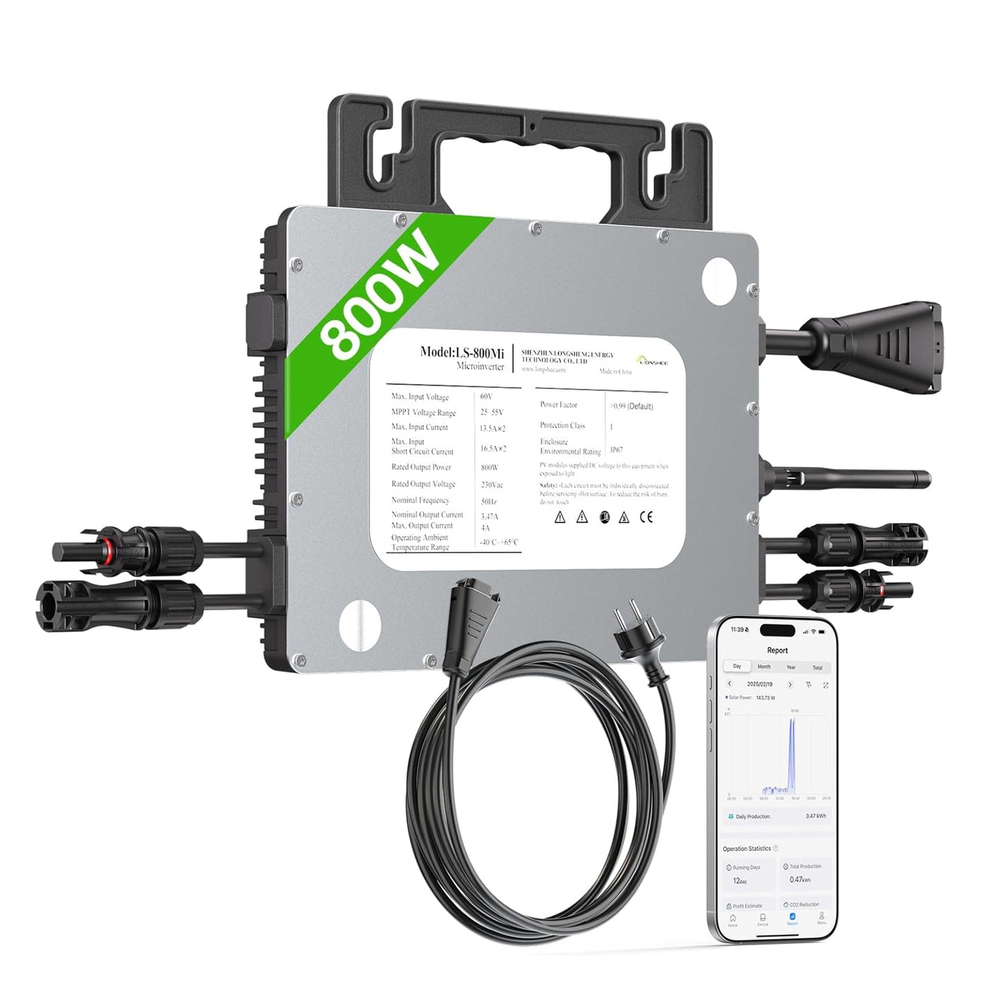 Micro-omvormer 800W, omvormer voor balkoncentrale met WiFi, Plug & Play, appbediening, 5 m AC-kabel, PV-omvormer