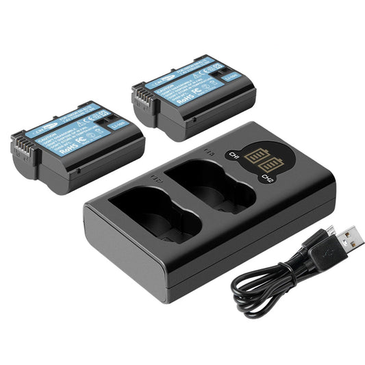 2x EN-EL15-batterij + dubbele lader voor Nikon EL15A D500, D600, D610, D750, D850, D800E