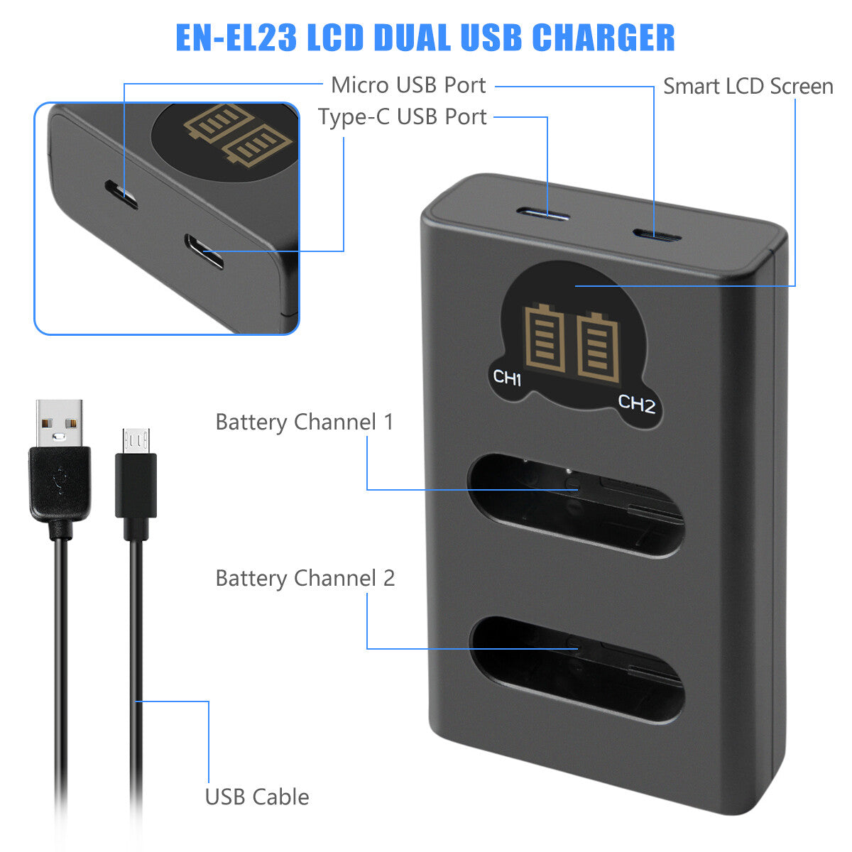 2X EN-EL23 Batterij &Lader Voor Nikon Coolpix P900 S810c B700 P600 P610 P610s