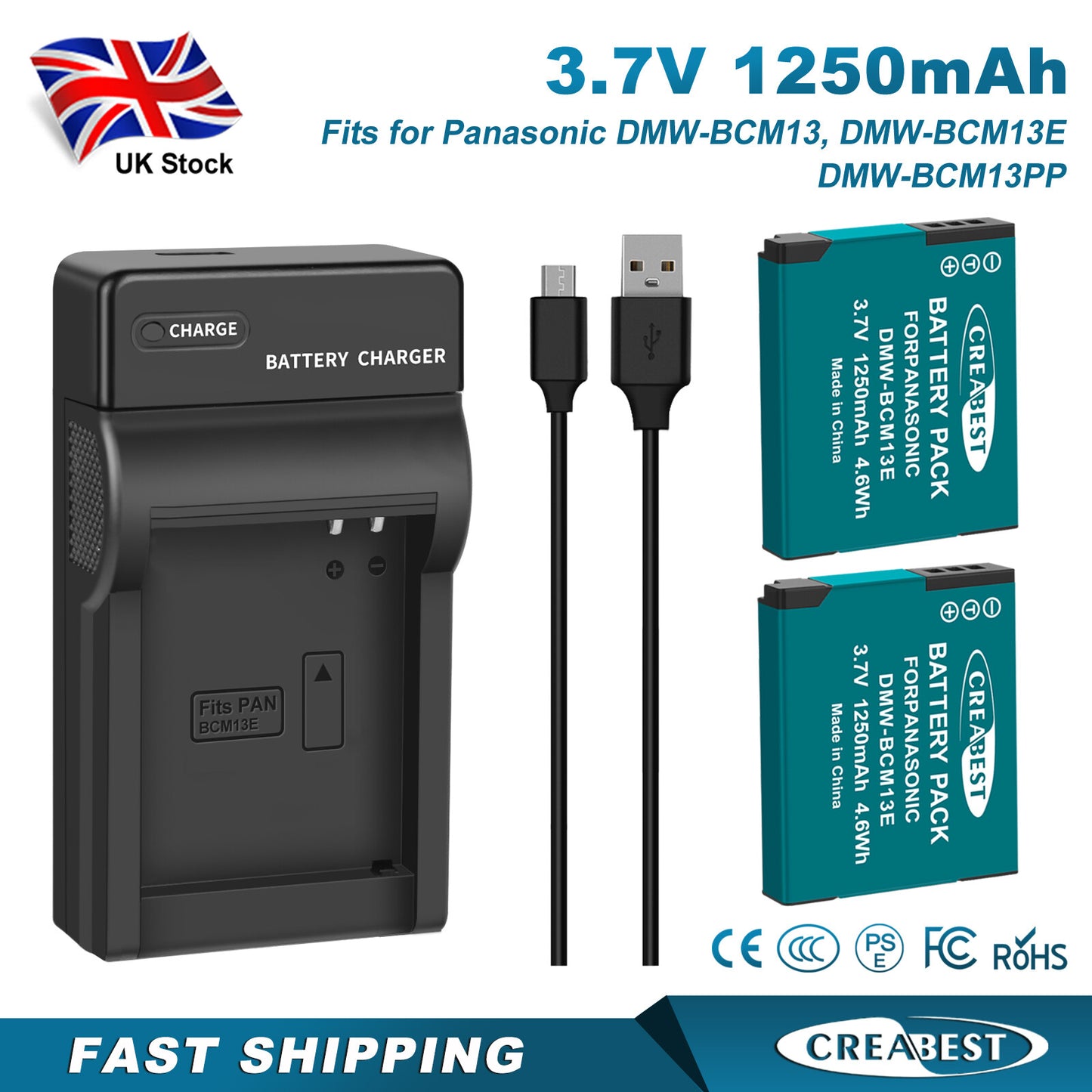 2 Stuks DMW-BCM13 1250mAh Accuoplader Voor Panasonic Lumix DMC-TZ40S ZS50 ZS30W