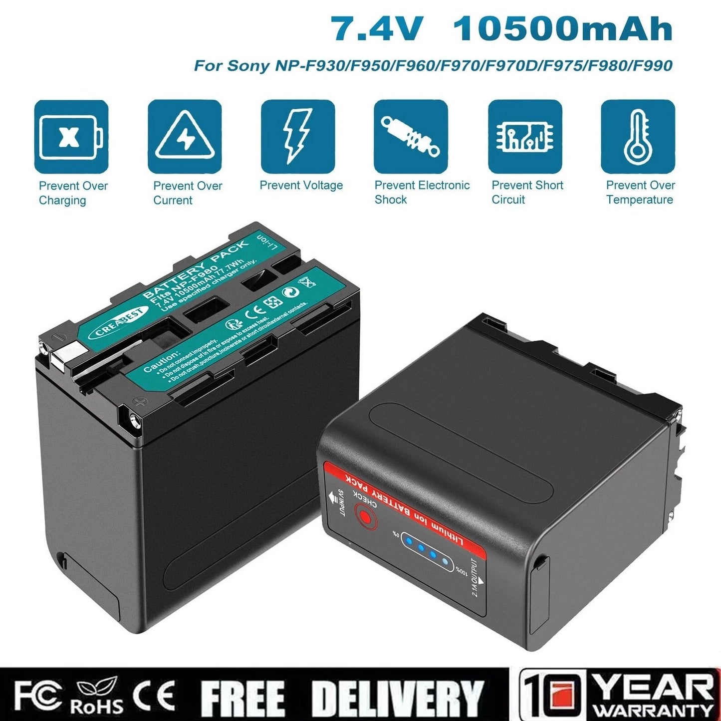 2X 7.4V NP-F970 10500mAh-batterij voor Sony NP-F930 F950 NP-F530 F960 NP-F990