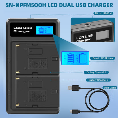 SHENTEC 2x batterij NP-FM500H + oplader voor Sony Alpha DSLR/SLT A57 A68 A58 A300K/N A100