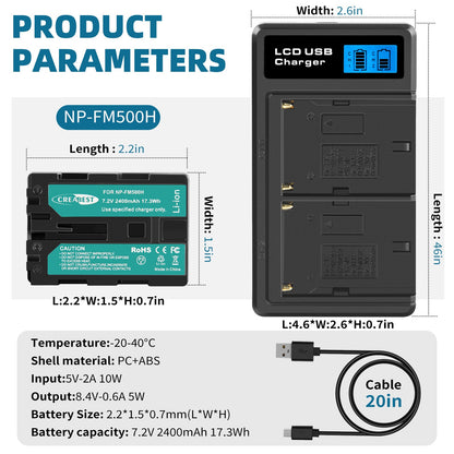 SHENTEC 2x batterij NP-FM500H + oplader voor Sony Alpha DSLR/SLT A57 A68 A58 A300K/N A100