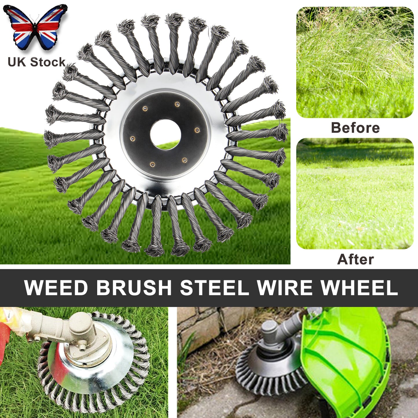 6" 8" 10" Stalen draad onkruidborstelkop voor grastrimmer, roterende borstelwiel met adapterset