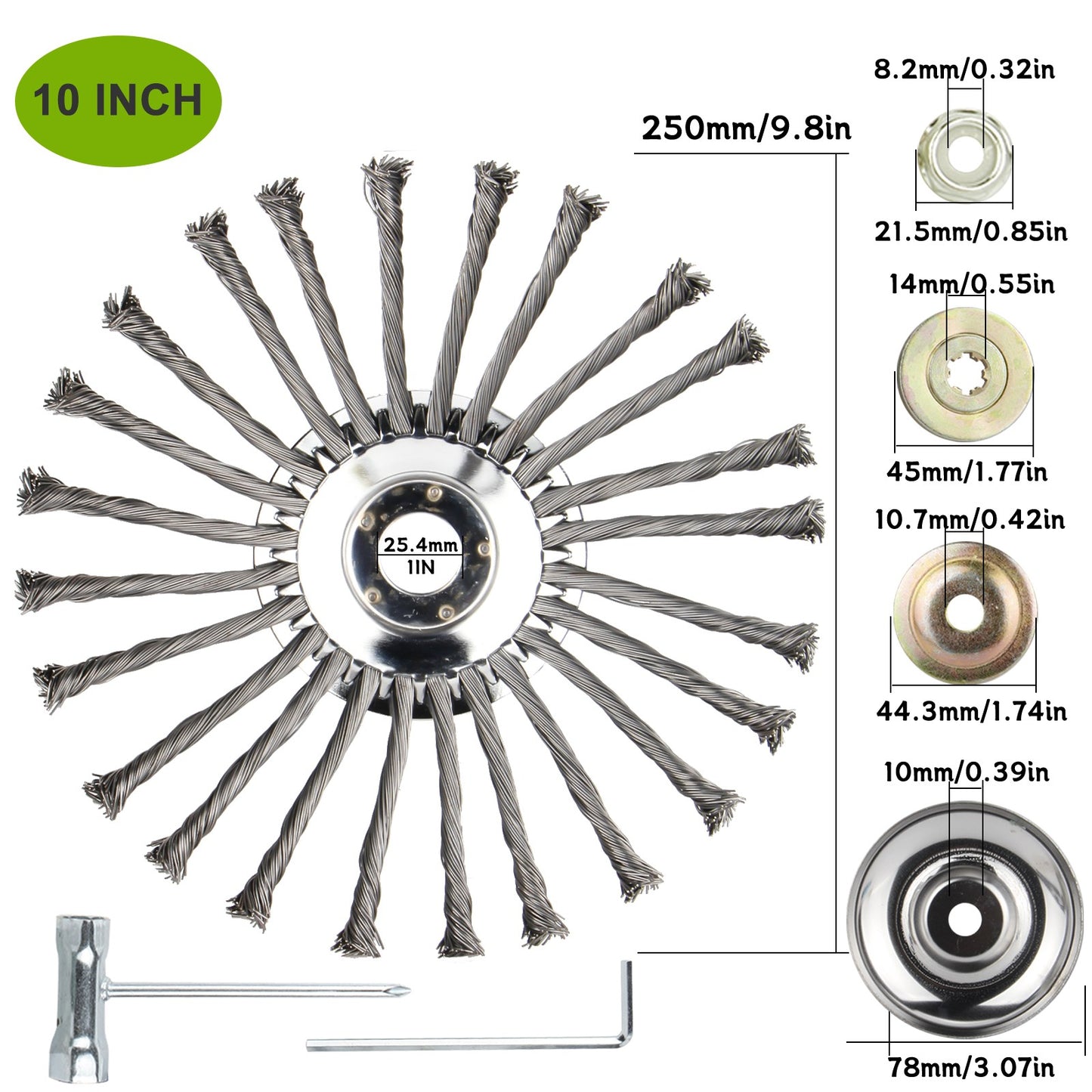 6" 8" 10" Stalen draad onkruidborstelkop voor grastrimmer, roterende borstelwiel met adapterset