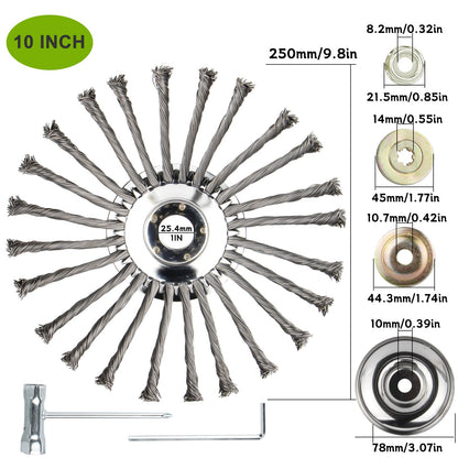 6" 8" 10" Stalen draad onkruidborstelkop voor grastrimmer, roterende borstelwiel met adapterset