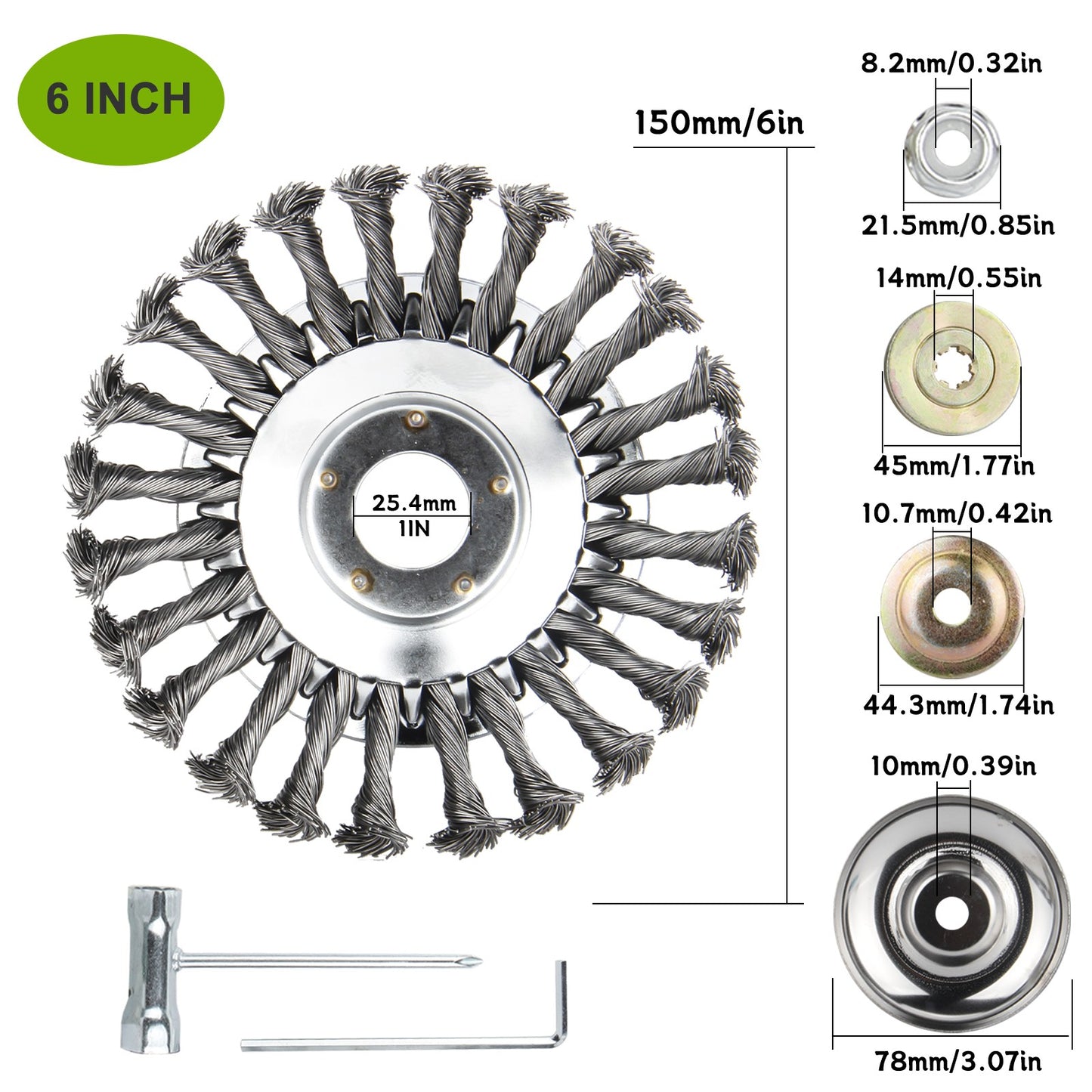 6" 8" 10" Stalen draad onkruidborstelkop voor grastrimmer, roterende borstelwiel met adapterset