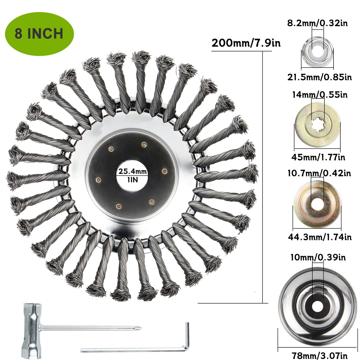 6" 8" 10" Stalen draad onkruidborstelkop voor grastrimmer, roterende borstelwiel met adapterset