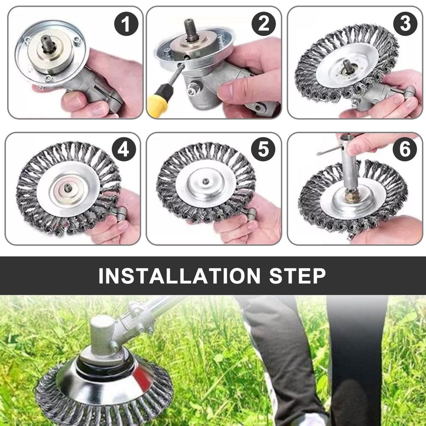 6" 8" 10" Stalen draad onkruidborstelkop voor grastrimmer, roterende borstelwiel met adapterset