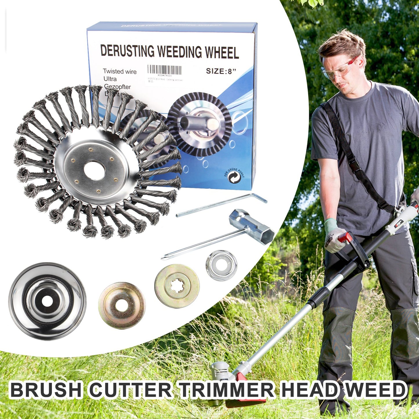 6" 8" 10" Stalen draad onkruidborstelkop voor grastrimmer, roterende borstelwiel met adapterset